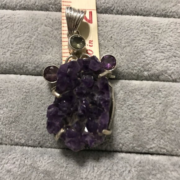 New Sterling Silver Large Purple Amethyst Druzy Pendant Green Accent Crystal Gem - Picture 10 of 14